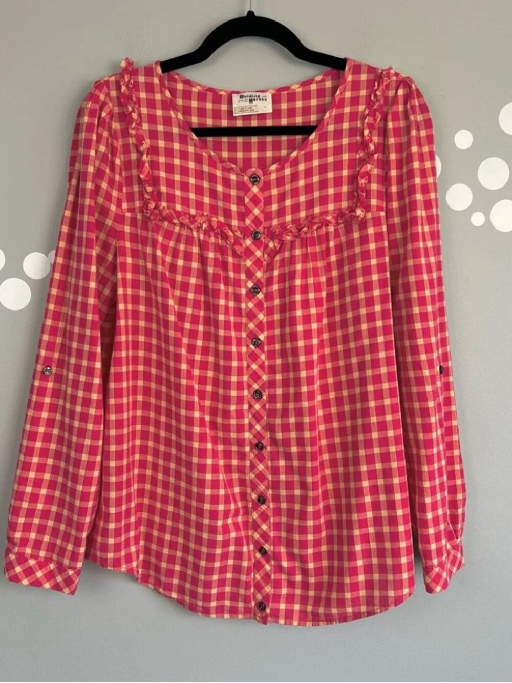 Anthro Holding Horses Pink Gingham Ruffle Blouse Size 8 Button Front Cotton Top